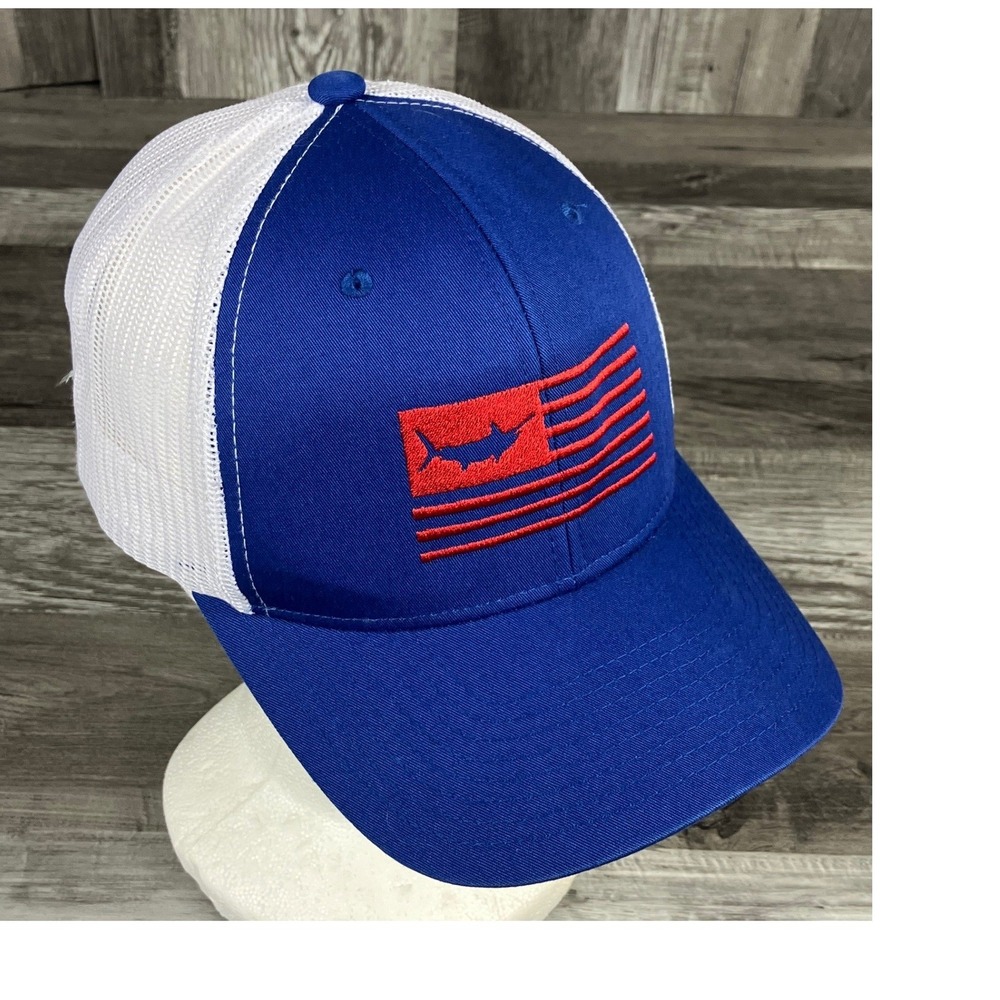 Yupoong The Classics Blue White Mesh Trucker Hat Red  Flag Snapback Cap